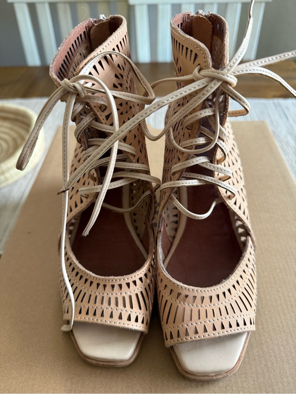 Jeffrey Campbell Beige Laser-Cut Lace-Up Peep Toe Sandals